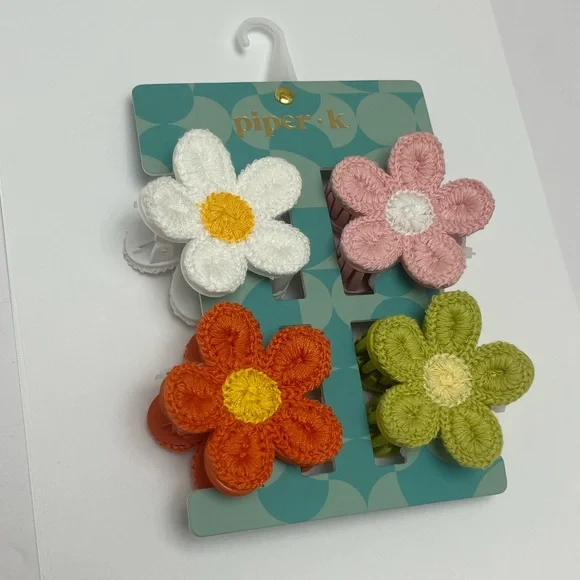 NWT 💚🧡🩷 Piper K Hair Claw Clips set of 4 flowers knitted crochet - Picture 14 of 14